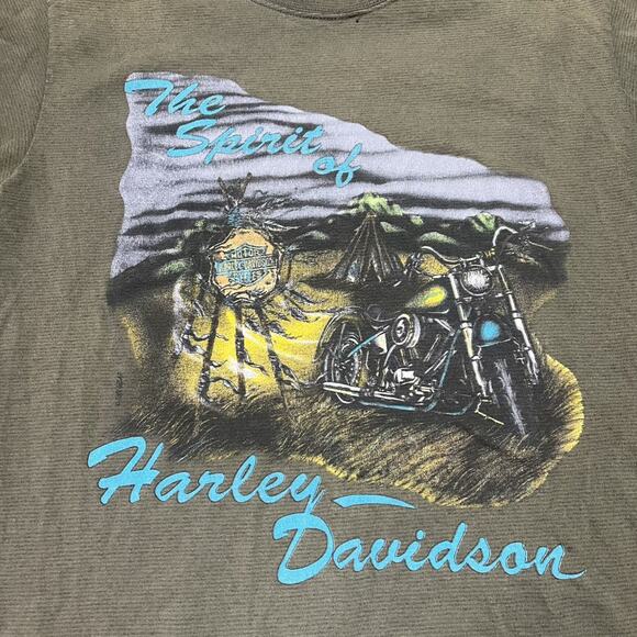 Vintage 90s Harley Davidson Green Motorcycle Grunge T-Shirt - Picture 2 of 4